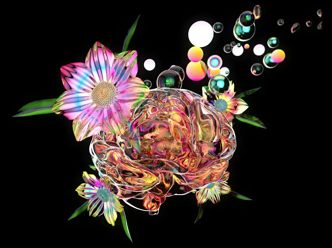 a digital painting of a flower and bubbles